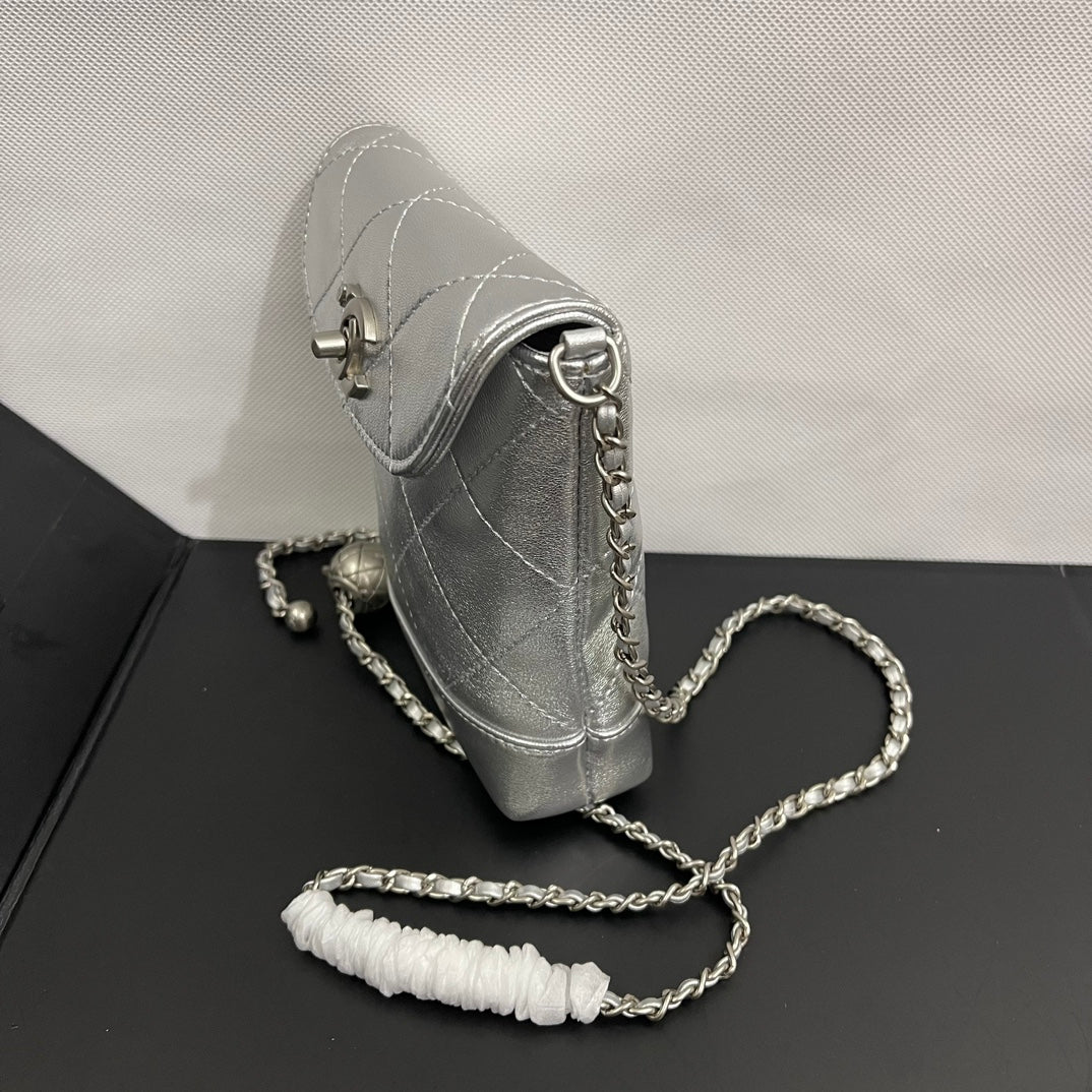 CC Phone Holder Bag 17cm Sliver Metalic Leather