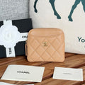 CC Zip Card Holder Wallet Beige Gold Metal Caviar 240603