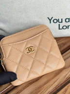 CC Zip Card Holder Wallet Beige Gold Metal Caviar 240603
