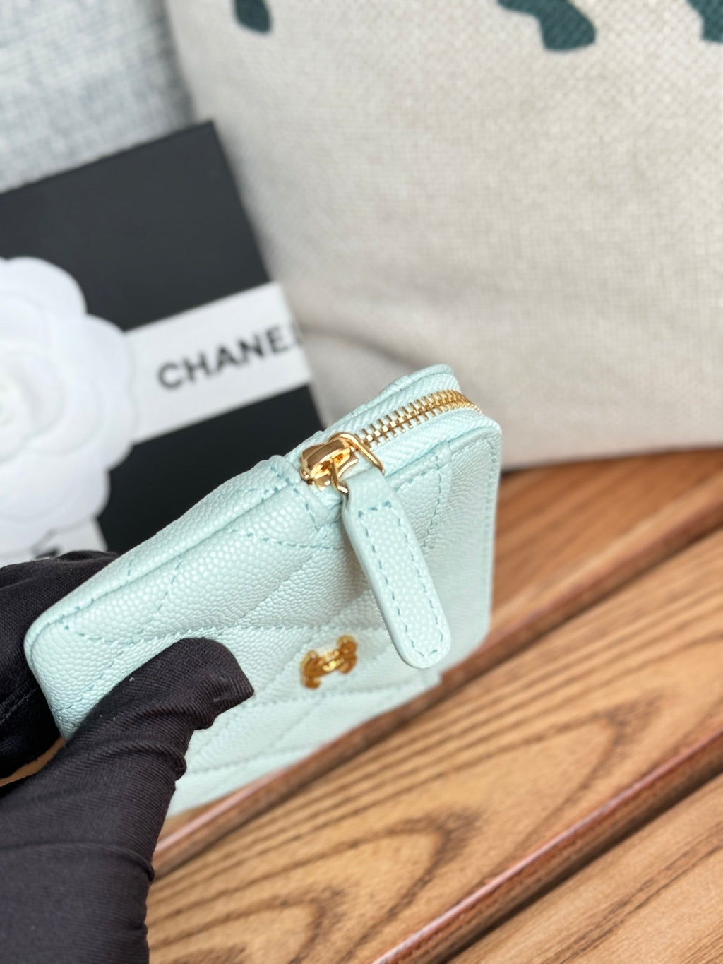 CC Zip Card Holder Wallet Light Blue Gold Metal Caviar 240605