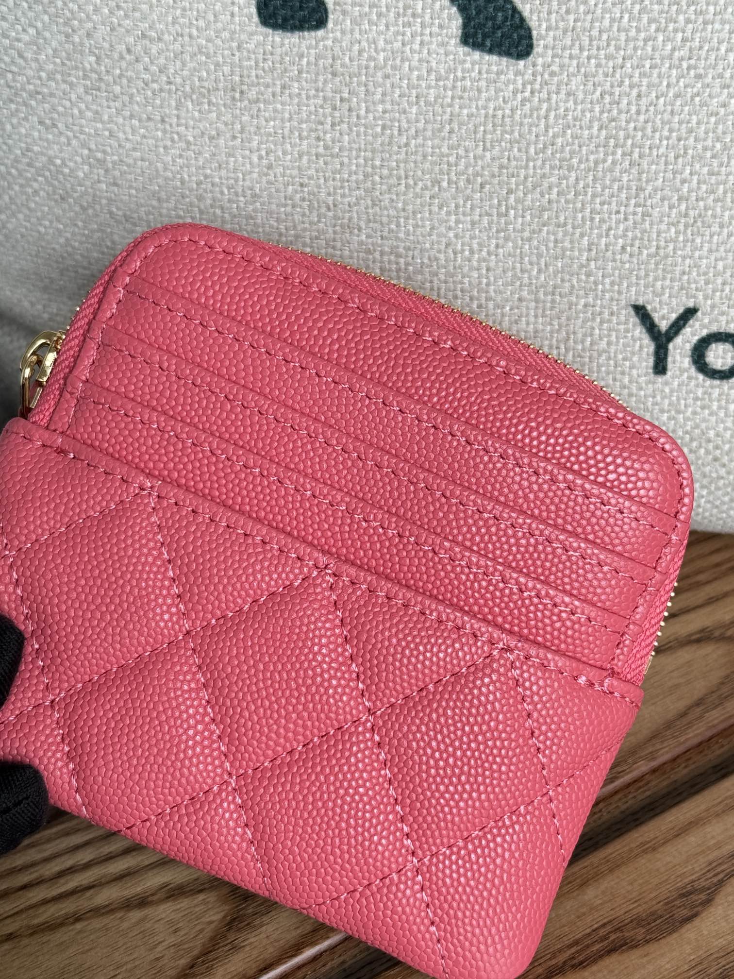 CC Zip Card Holder Wallet Pink Gold Metal Caviar 240613