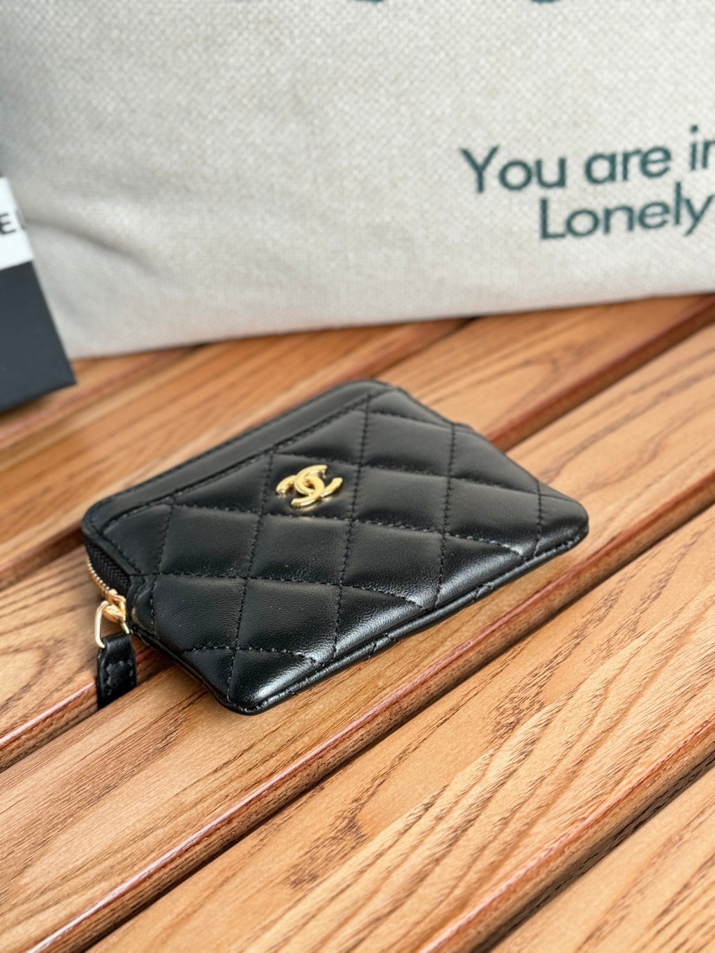 CC Zip Card Holder Wallet Black Gold Metal Lamskin 240617