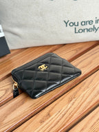 CC Zip Card Holder Wallet Black Gold Metal Lamskin 240617