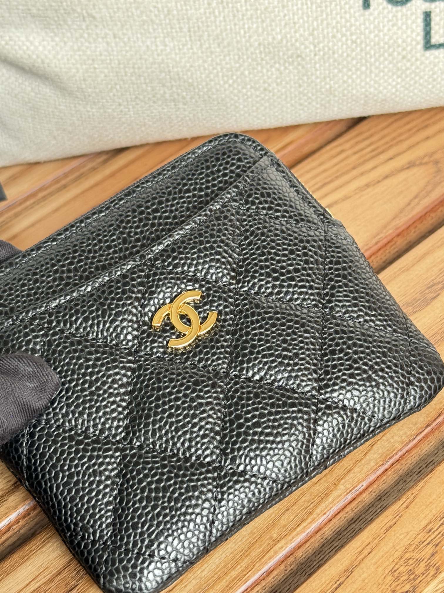 CC Zip Card Holder Wallet Black Gold Metal Caviar 240620