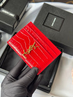 YSL Card Holder 10cm Wallet Red Gold Crocodile Leather 240563