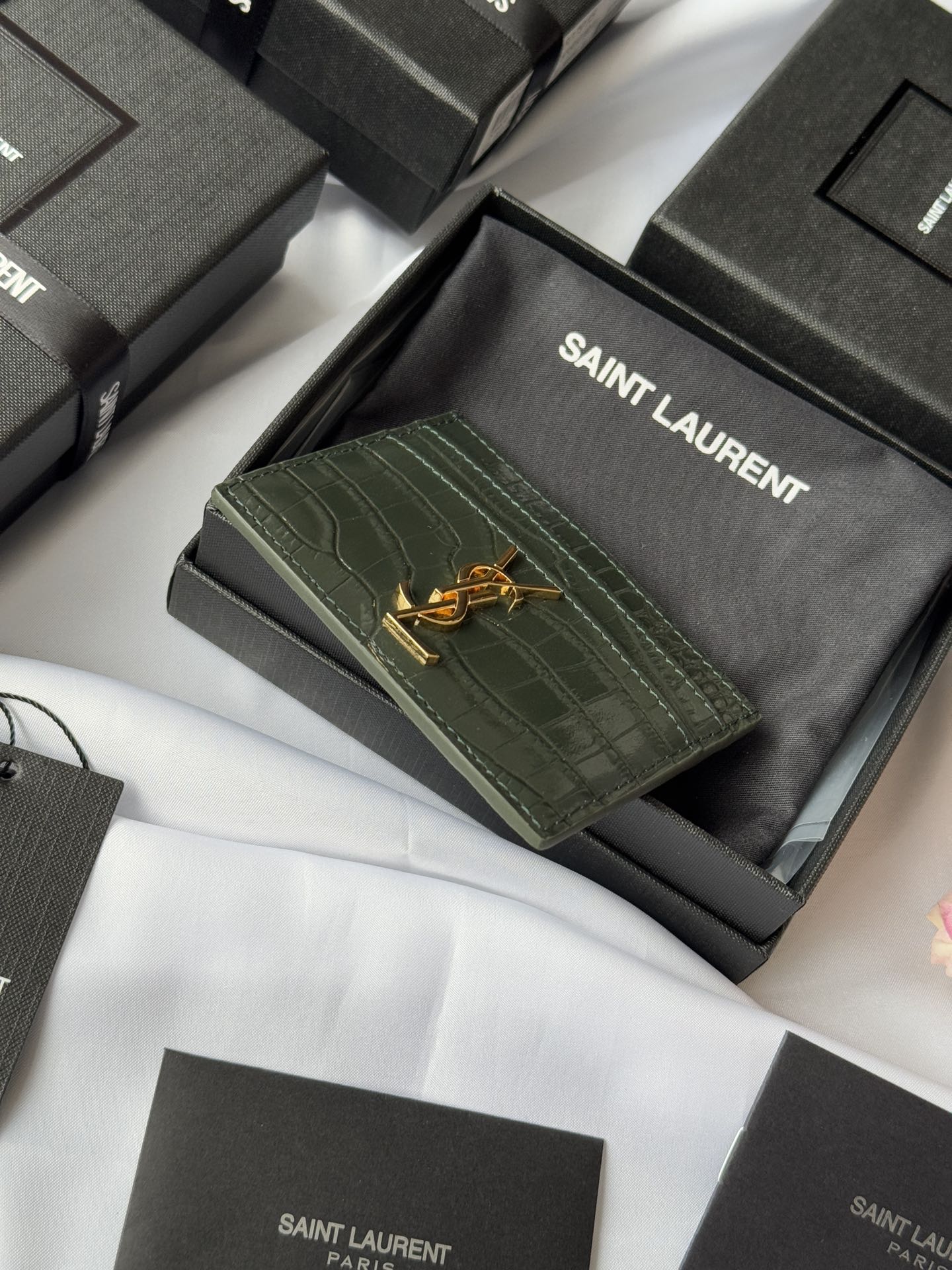 YSL Card Holder 10cm Wallet Dark Green Gold Crocodile Leather 240561