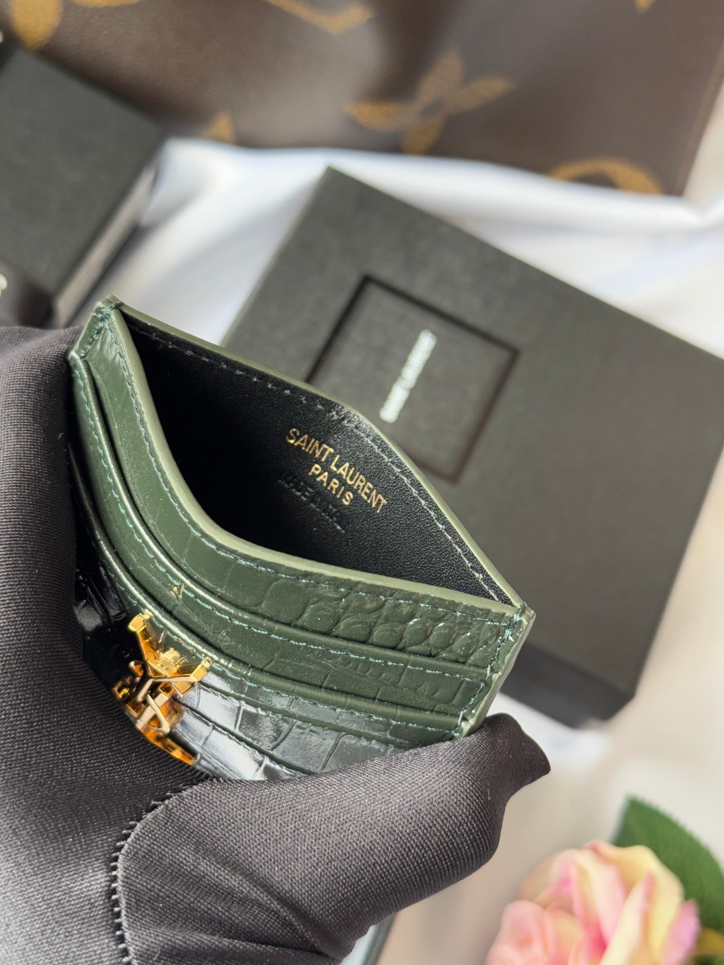 YSL Card Holder 10cm Wallet Dark Green Gold Crocodile Leather 240561
