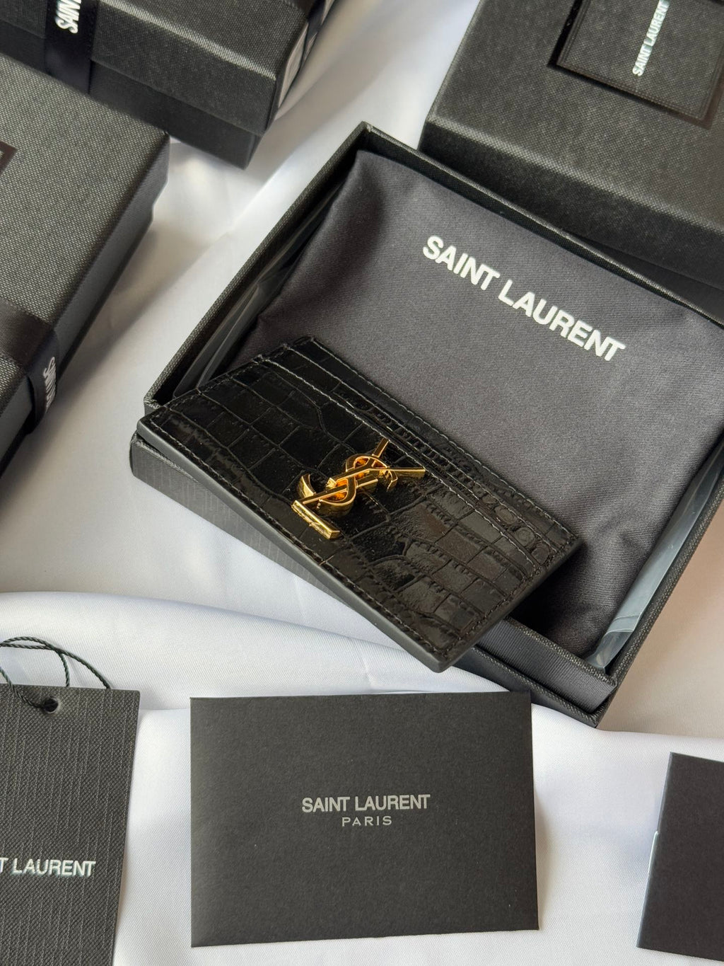 YSL Card Holder 10cm Wallet Black Gold Crocodile Leather 240550