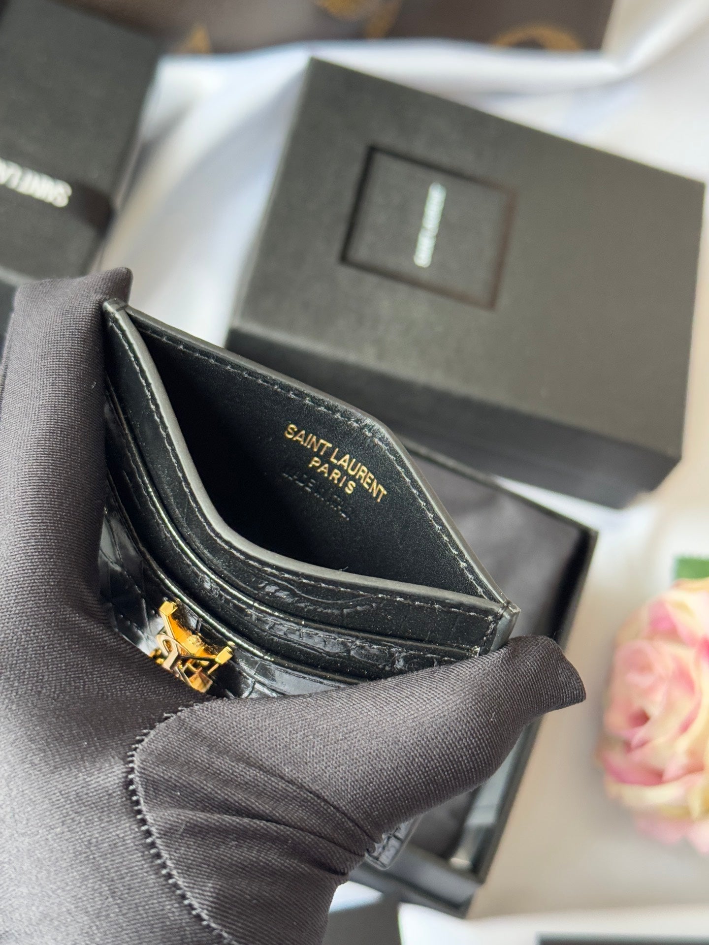 YSL Card Holder 10cm Wallet Black Gold Crocodile Leather 240550
