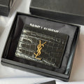 YSL Card Holder 10cm Wallet Black Gold Crocodile Leather 240550