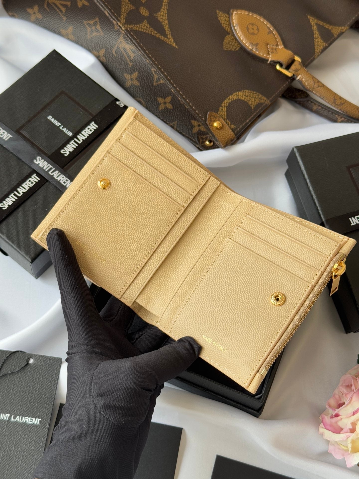 YSL Tri-fold Wallet Beige Gold Cowhide 242756
