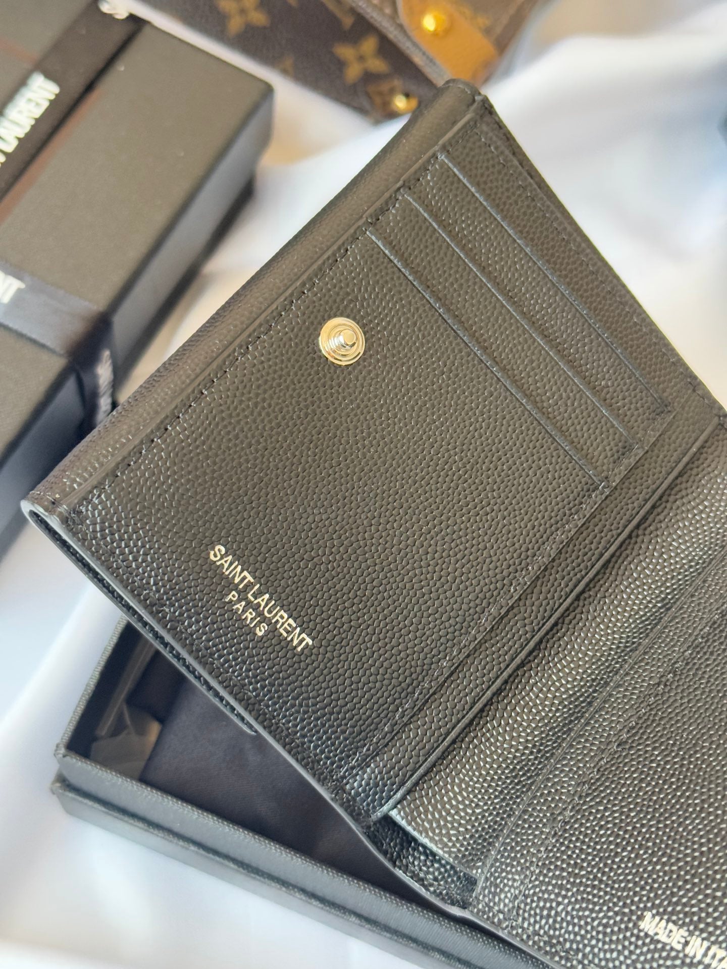 YSL Tri-fold Wallet Black Silver Cowhide 242758