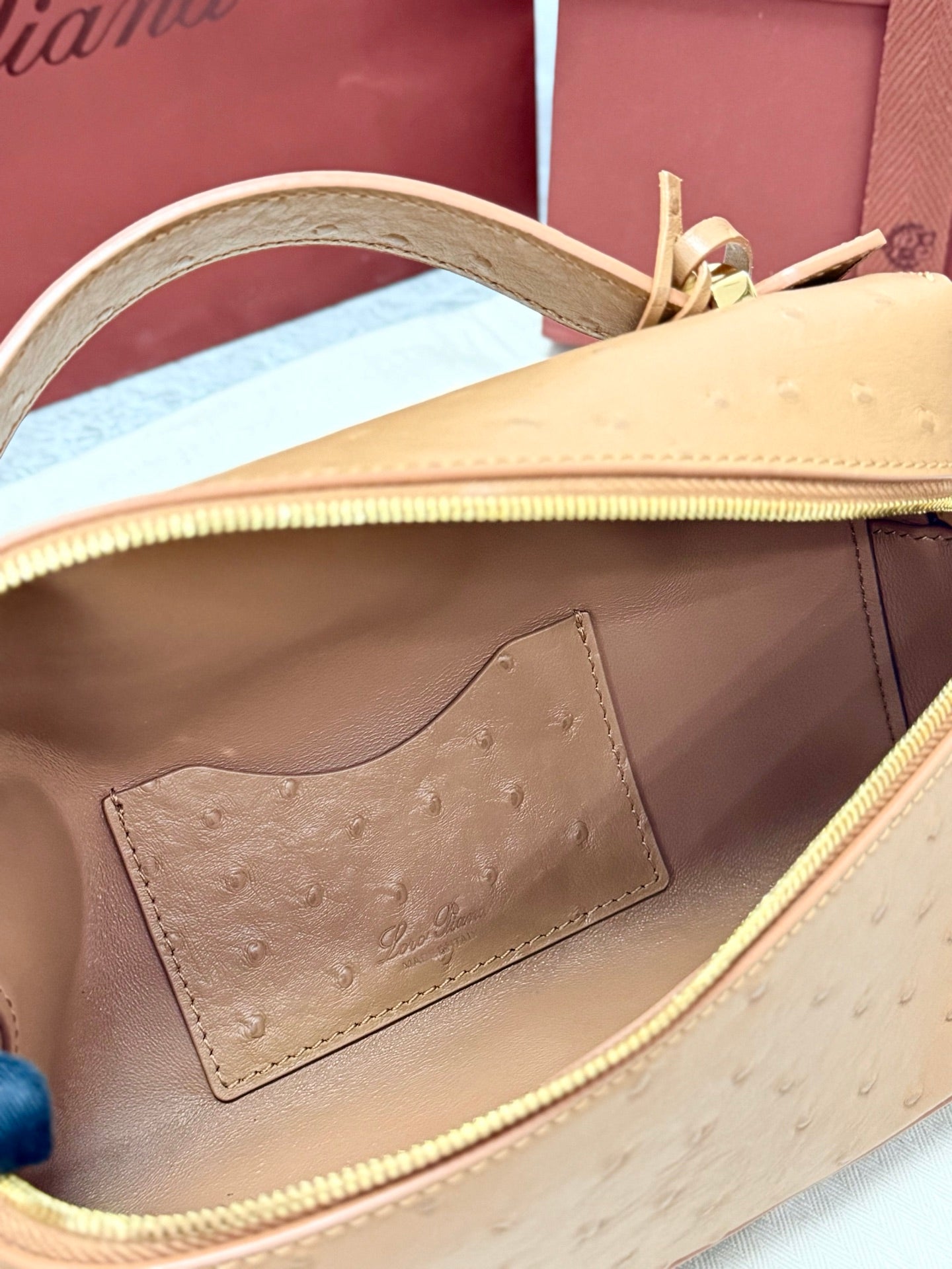 LP Extra Pouch L23 Gold Brown Ostrich Pattern Leather