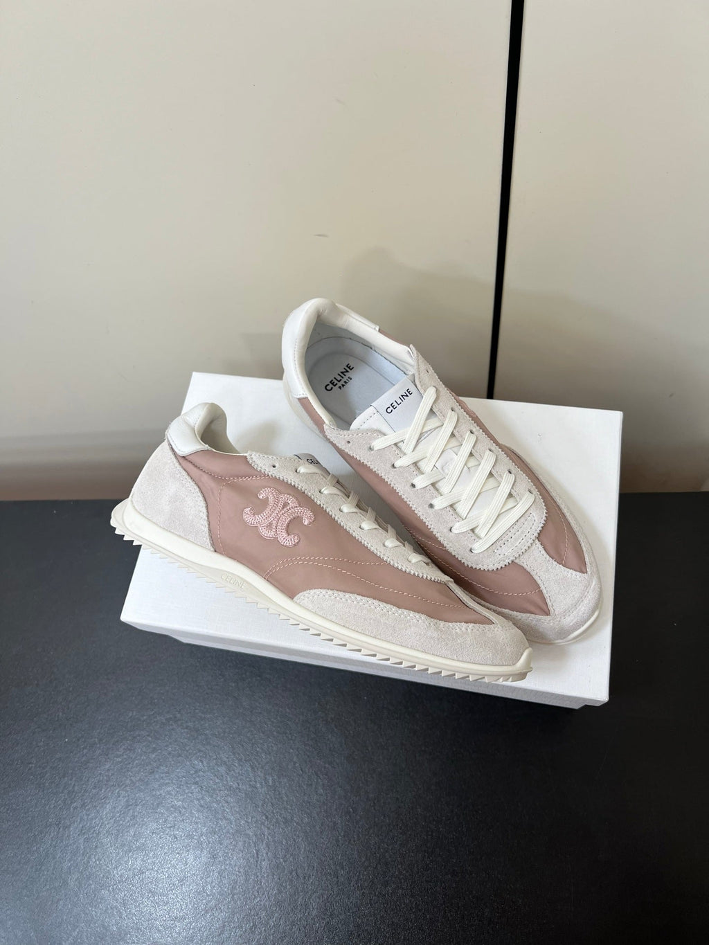 CELINE 25S RACER FORREST GUMP SNEAKERS IN PINK AND GRAY MERCERIZED CALFSKIN