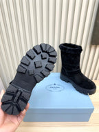 PRADA 25S MARTIN BOOTS IN DARK NAVY BLUE SUEDE FUR-LINED