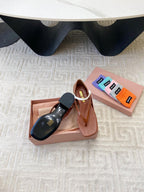 HIGH HEEL THONG SANDALS IN SMOKY UMBER GLOSSY SHEEPSKIN
