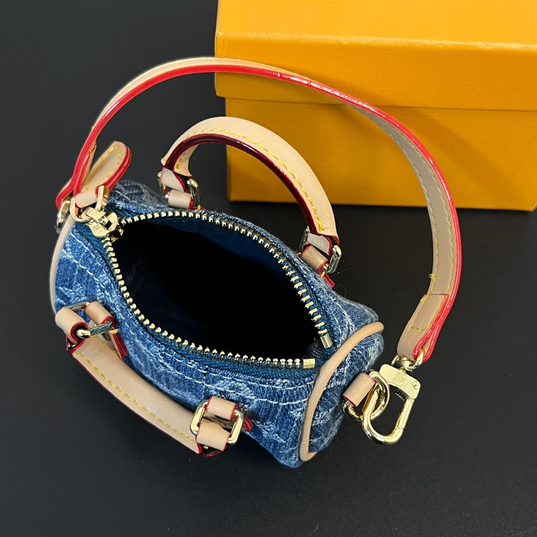 LV Micro Speed Bag Charm Blue Beige Canvas Leather