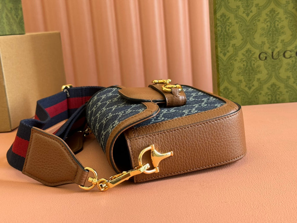 Gucci Horsebit Bag 20cm Blue mix Brown Leather Canvas 244253