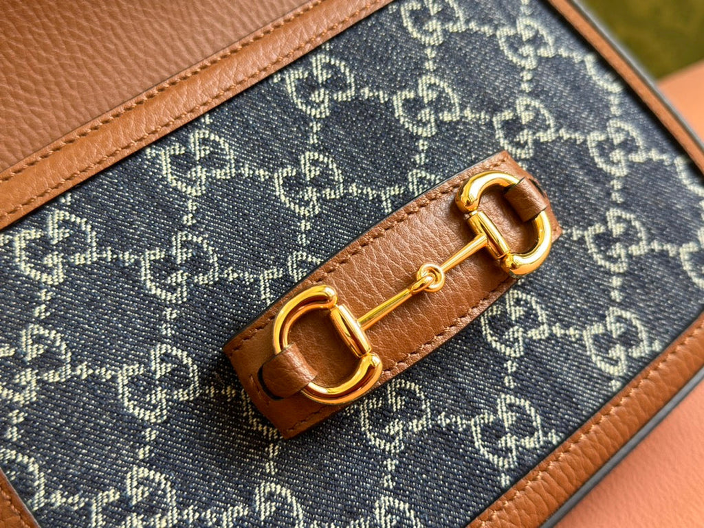 Gucci Horsebit Bag 20cm Blue mix Brown Leather Canvas 244253
