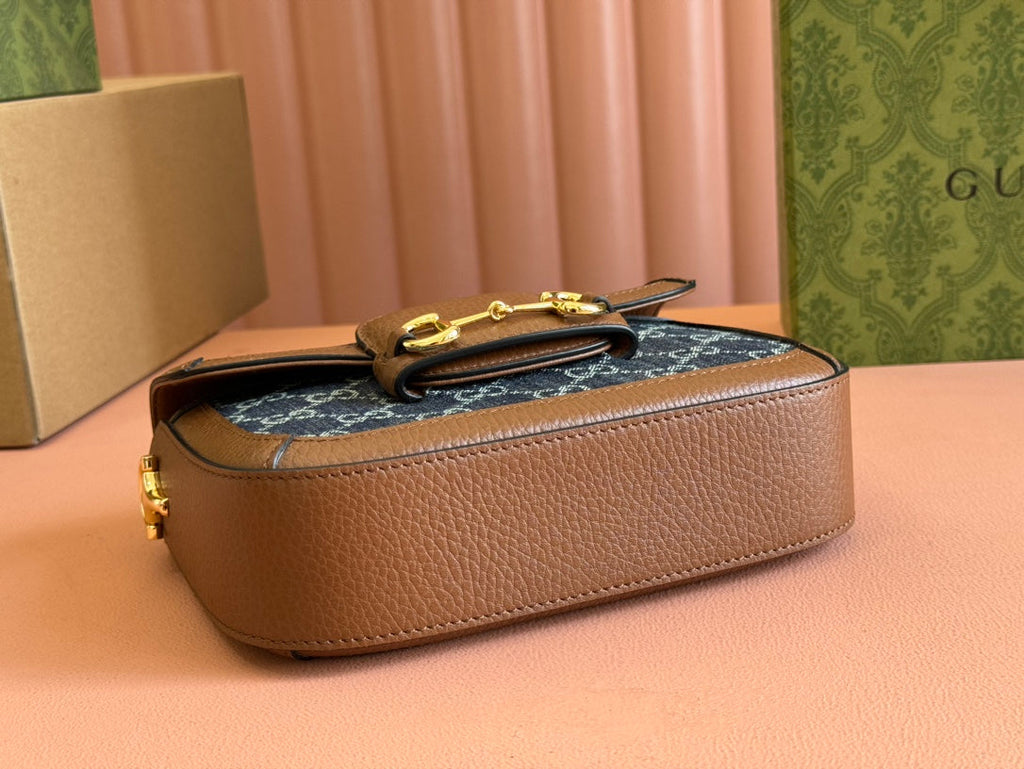 Gucci Horsebit Bag 20cm Blue mix Brown Leather Canvas 244253