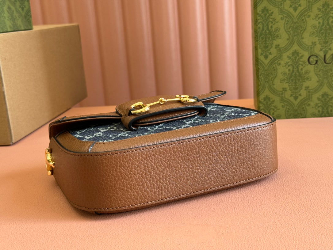 Gucci Horsebit Bag 20cm Blue mix Brown Leather Canvas 244253