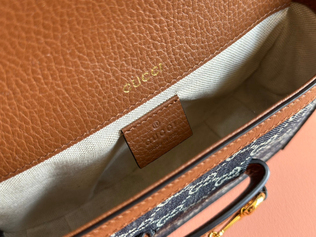 Gucci Horsebit Bag 20cm Blue mix Brown Leather Canvas 244253