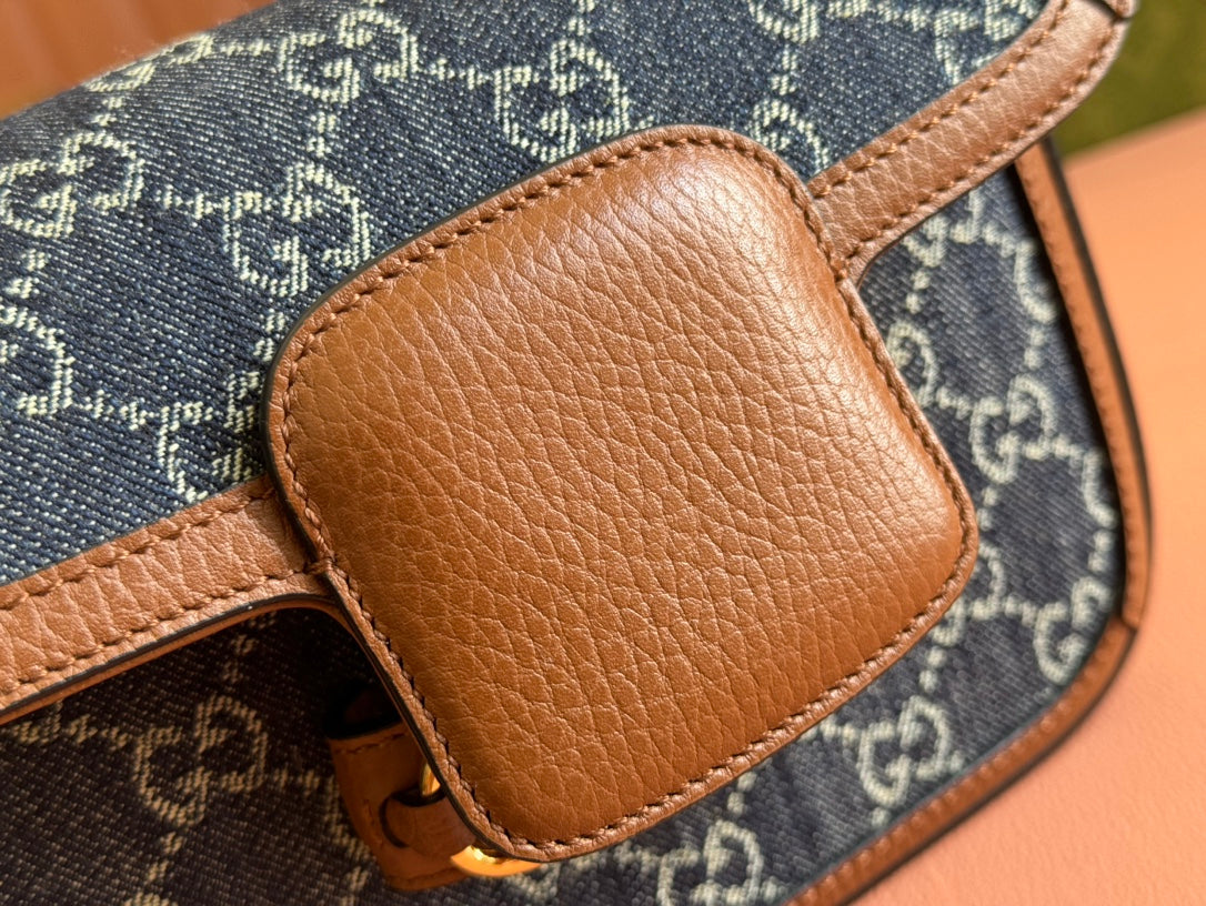 Gucci Horsebit Bag 20cm Blue mix Brown Leather Canvas 244253