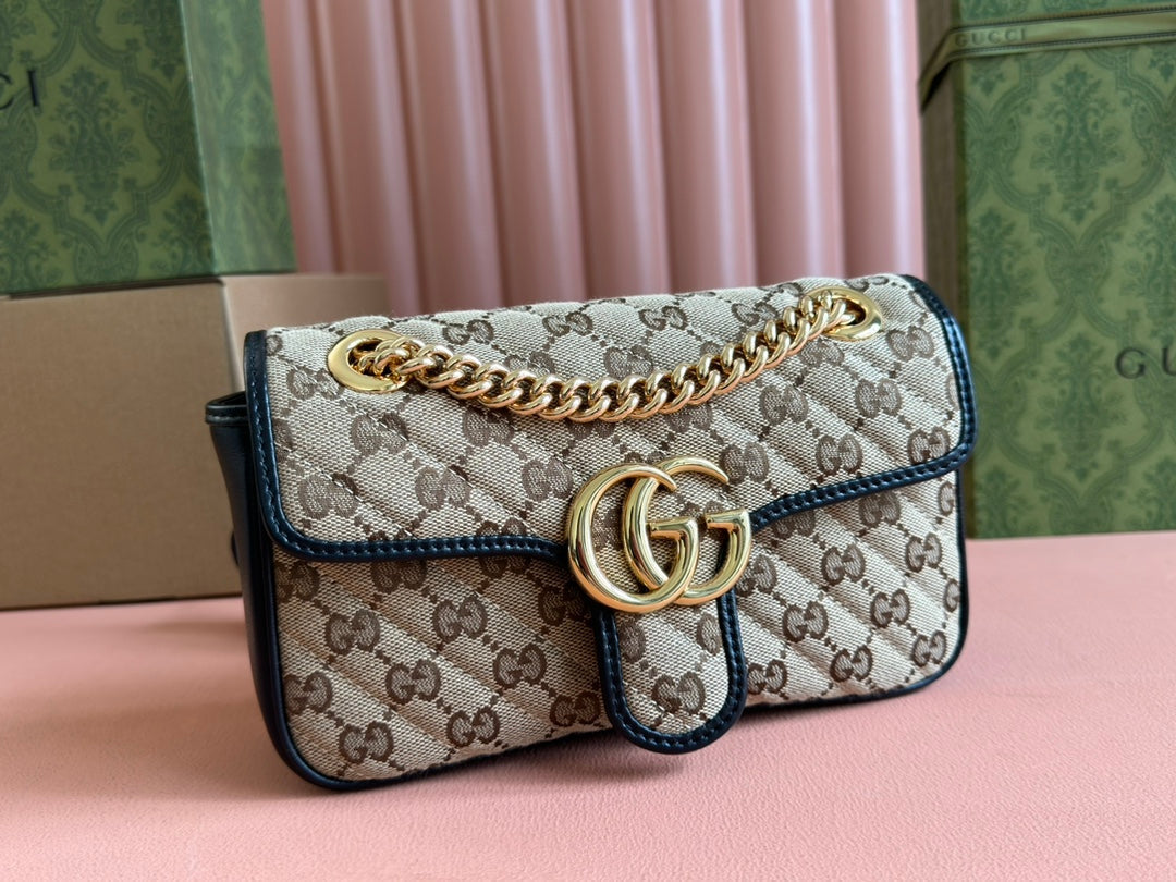 MARMONT MEDIUM SHOULDER BAG 22 IN BEIGE AND BROWN GG CANVAS BLACK CALFSKIN