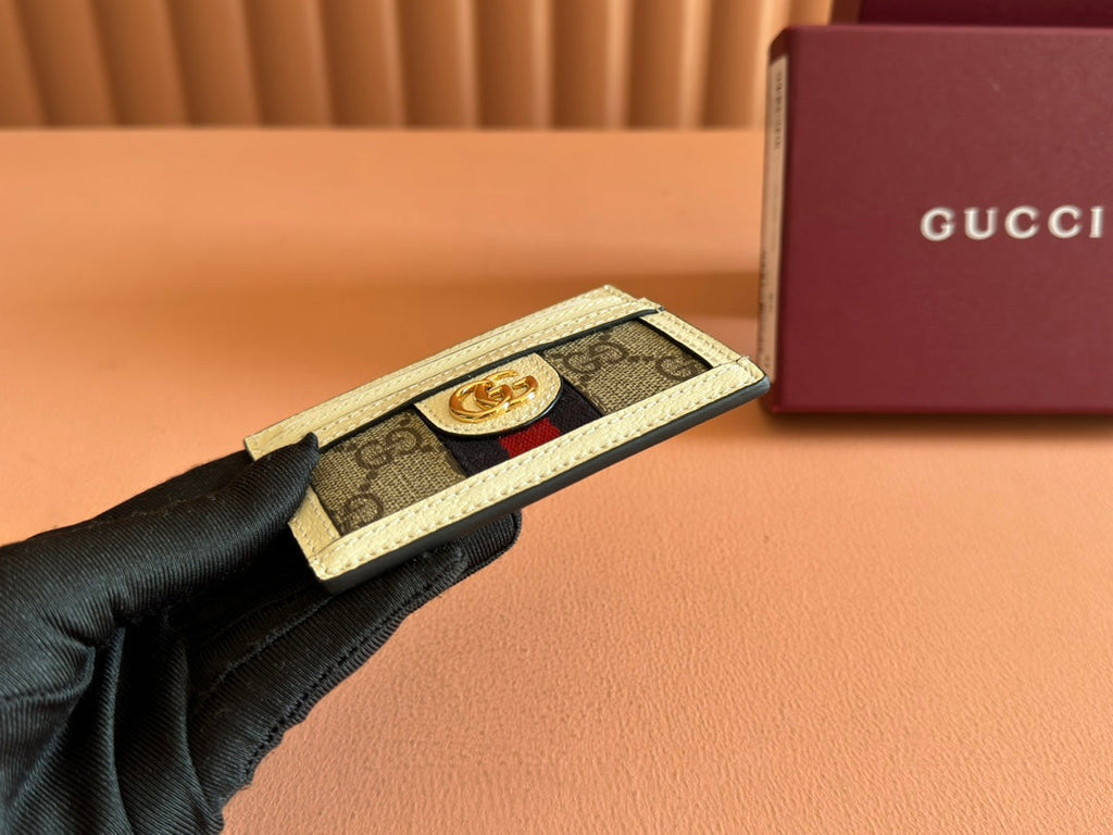 Gucci Ophidia Card Holder Wallet Beige Ebony Canvas Leather 239964