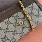 OPHIDIA WALLET ON CHAIN 19 IN BEIGE AND DARK BROWN COATED FABRIC AND CALFSKIN