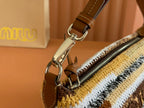 CROCHET SHOULDER BAG 25.5 NATURAL COLOUR-BLOCK WOOL WITH BROWN STRAP CALFSKIN