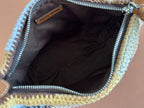 CROCHET SHOULDER BAG 25.5 NATURAL COLOUR-BLOCK WOOL WITH BROWN STRAP CALFSKIN