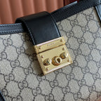 GG Padlock Medium Top Handle Bag Beige Black Leather Canvas