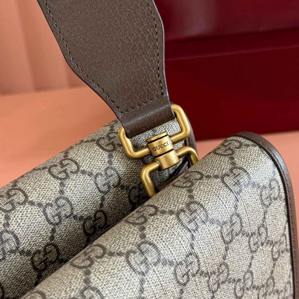 GUCCI NEO  TIGER HEAD LARGE CROSSBODY BAG 30 IN CANVAS BROWN LEATHER TRIM