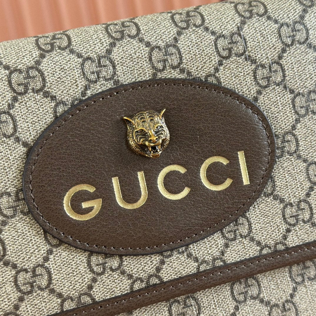GUCCI NEO  TIGER HEAD LARGE CROSSBODY BAG 30 IN CANVAS BROWN LEATHER TRIM