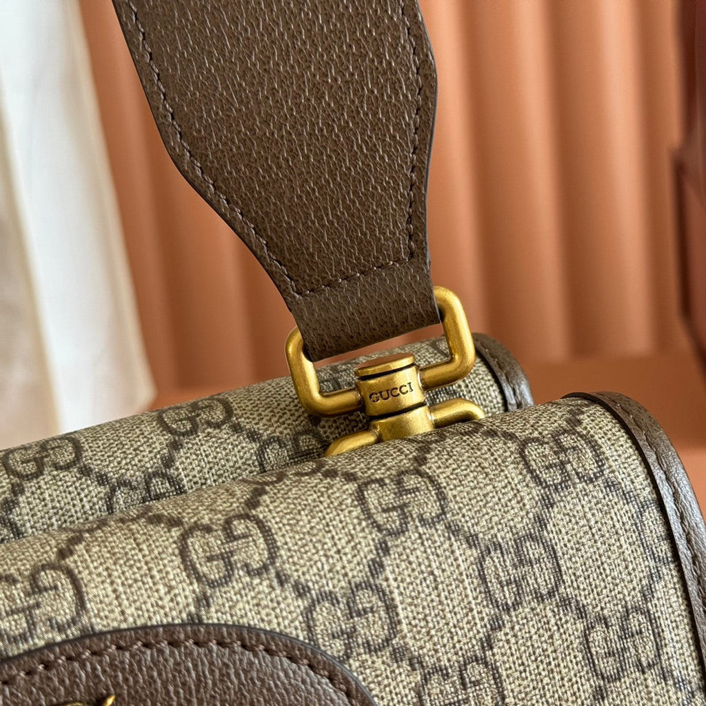 GUCCI NEO  TIGER HEAD CROSSBODY BAG 22 IN CANVAS BROWN LEATHER TRIM