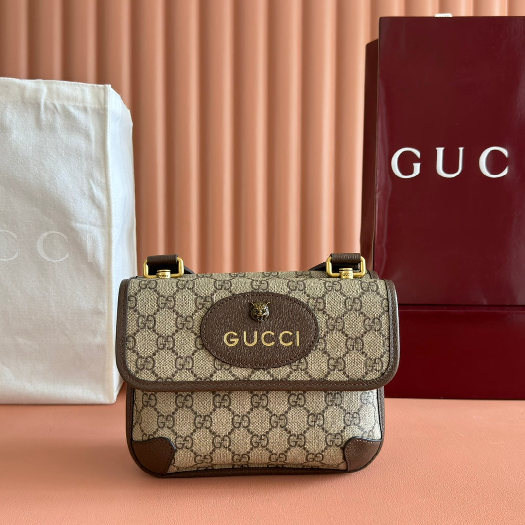 GUCCI NEO  TIGER HEAD CROSSBODY BAG 22 IN CANVAS BROWN LEATHER TRIM