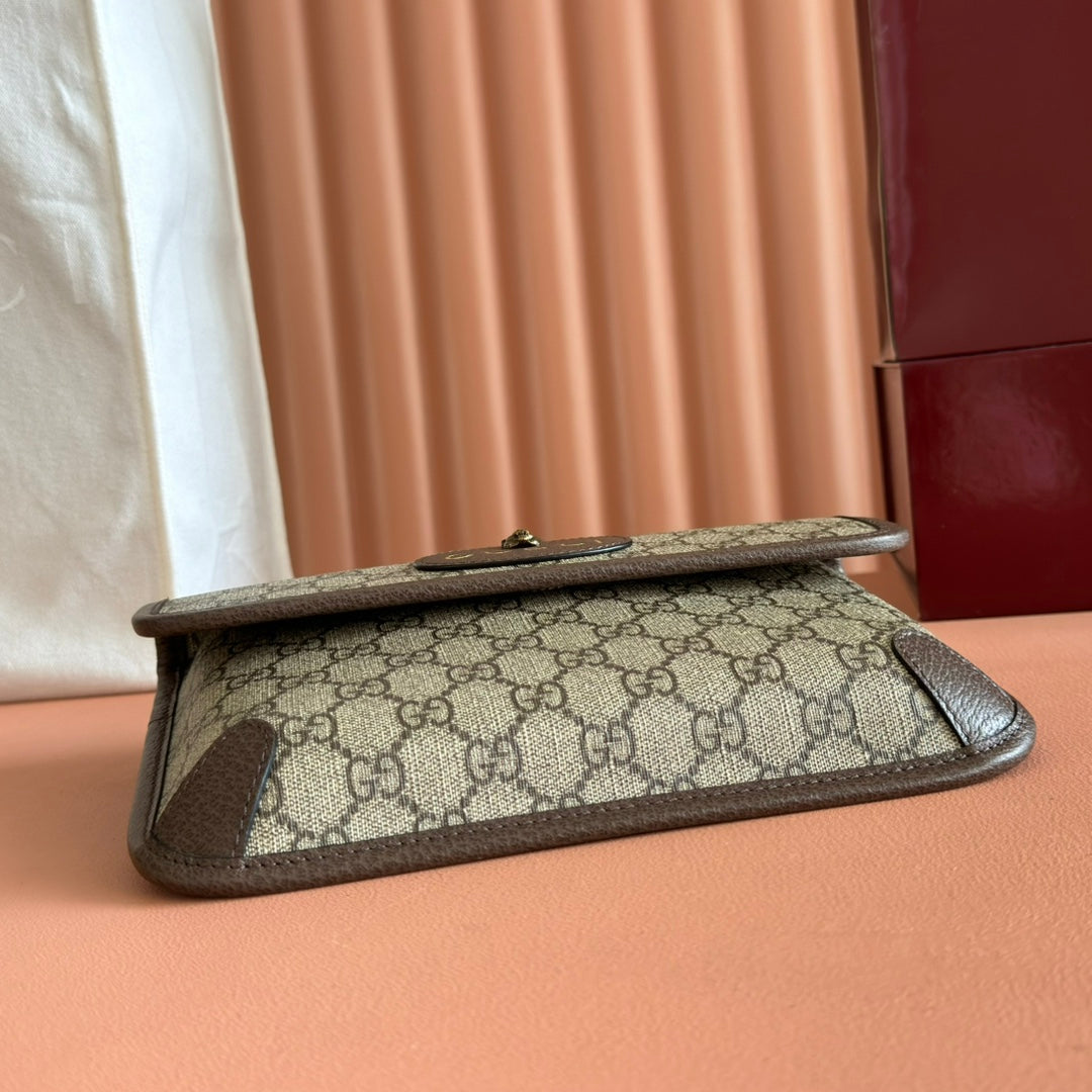 GUCCI NEO  TIGER HEAD CROSSBODY BAG 24 IN CANVAS BROWN LEATHER TRIM
