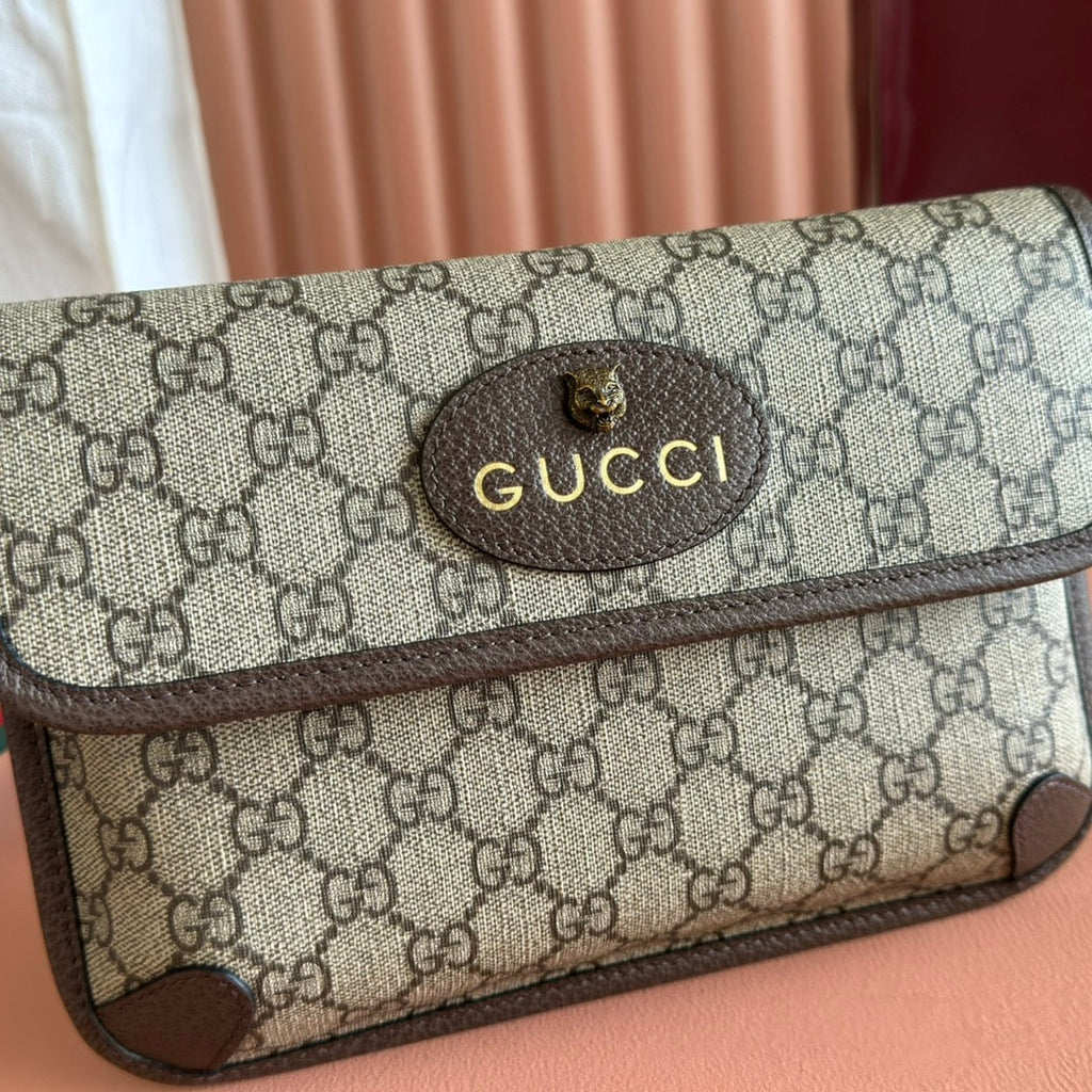 GUCCI NEO  TIGER HEAD CROSSBODY BAG 24 IN CANVAS BROWN LEATHER TRIM