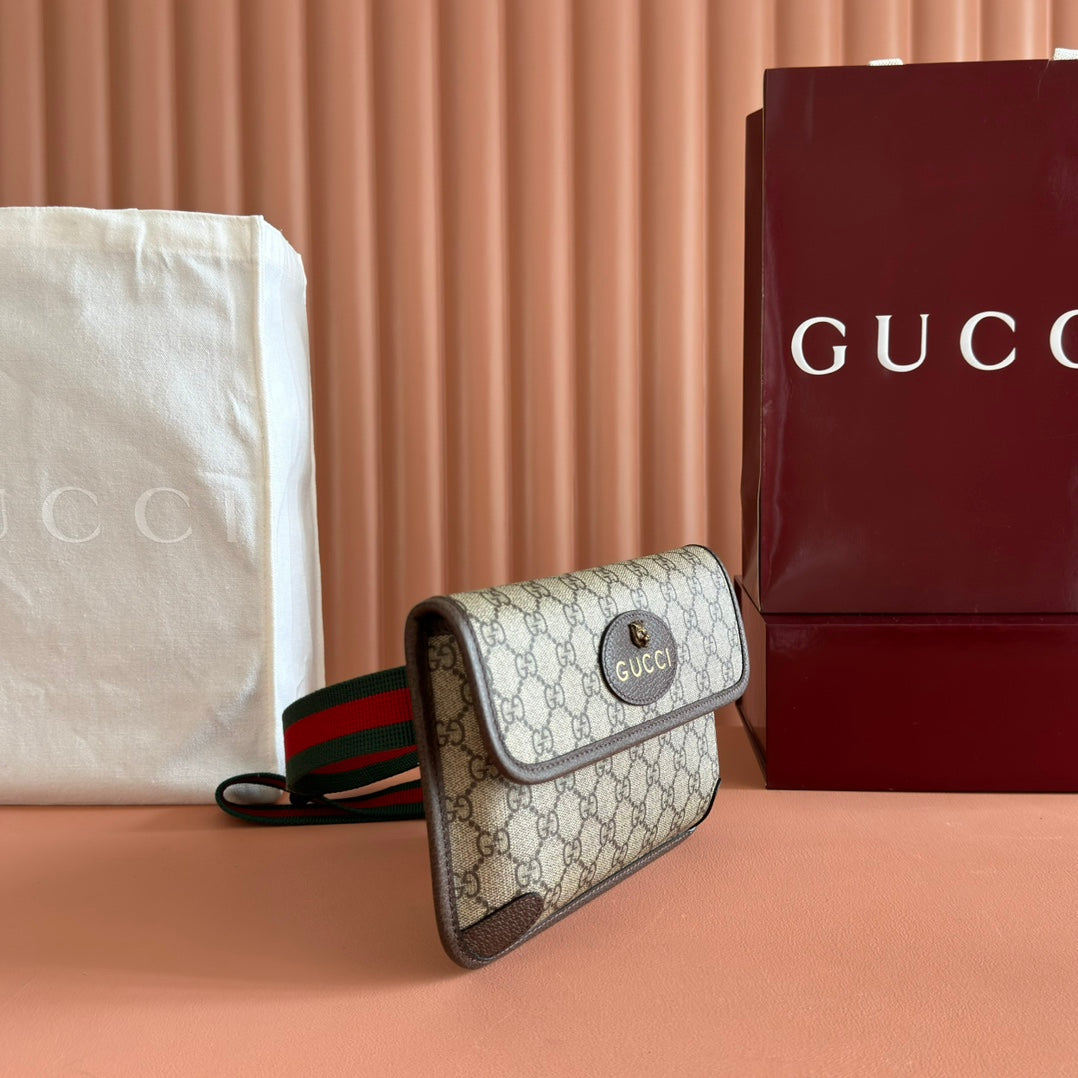 GUCCI NEO  TIGER HEAD CROSSBODY BAG 24 IN CANVAS BROWN LEATHER TRIM