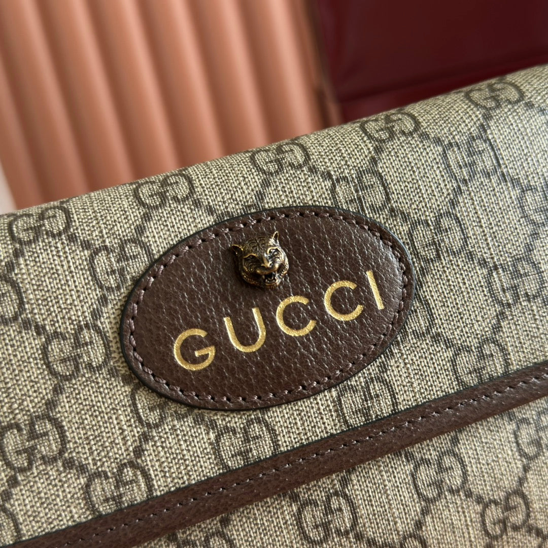 GUCCI NEO  TIGER HEAD CROSSBODY BAG 20 IN CANVAS BROWN LEATHER TRIM