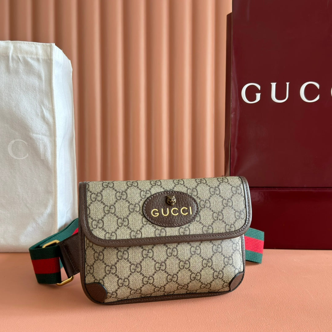 GUCCI NEO  TIGER HEAD CROSSBODY BAG 20 IN CANVAS BROWN LEATHER TRIM