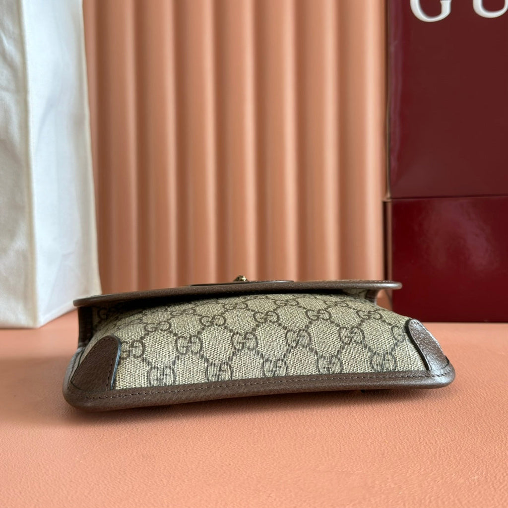 GUCCI NEO  TIGER HEAD CROSSBODY BAG 20 IN CANVAS BROWN LEATHER TRIM