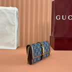 Gucci Jackie Chain Wallet Blue Brown Canvas Leather 255173
