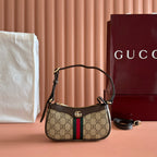 GUCCI 25S OPHIDIA SMALL SHOULDER BAG 19 IN BEIGE CANVAS AND BROWN CALFSKIN
