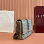 GUCCI 25S OPHIDIA MEDIUM CROSSBODY BAG 28 IN BEIGE CANVAS AND BROWN CALFSKIN