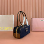MIUMIU 25S BEAU DENIM BAG 28 IN DARK BLUE DENIM AND BROWN CALFSKIN