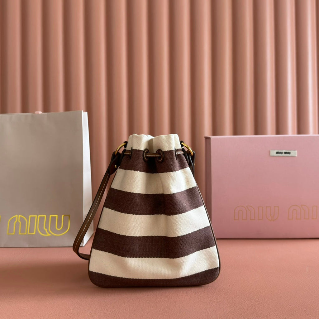 Miu Lucky Striped Bucket Bag Brown Cream Canvas