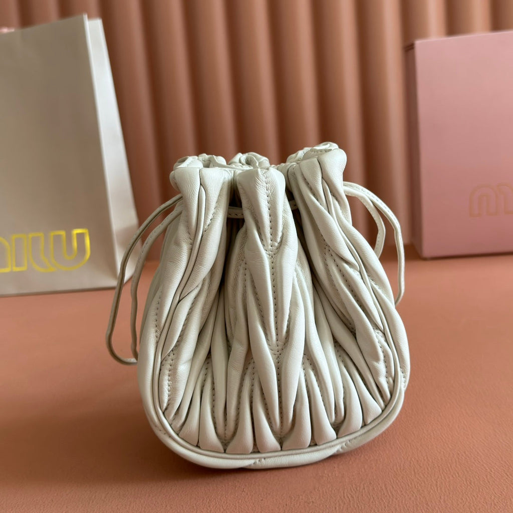 Matelassé Mini Drawstring Handbag White Lambskin