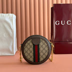 GUCCI 25S OPHIDIA MINI ROUND SHOULDER BAG 18 CM IN DARK BEIGE AND BROWN CALFSKIN
